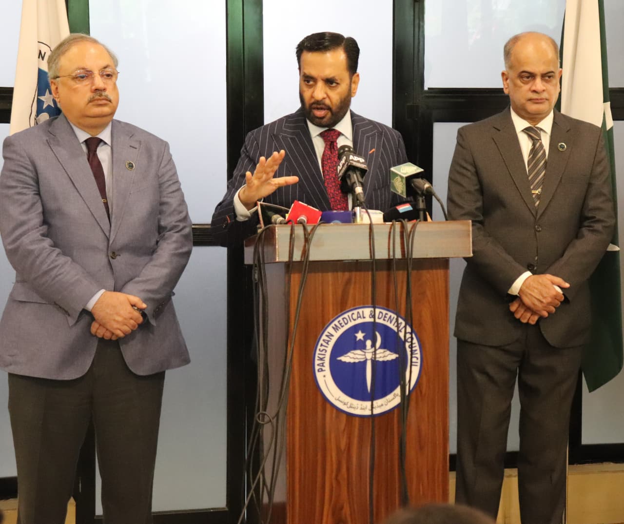 Federal Minister Syed Mustafa Kamal addresses a press conference on MDCAT 2026 at PM&DC